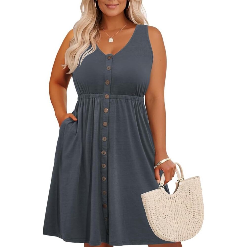 Holipick Womens Plus Size Dress Casua lwith Pockets A-Line Button Down 22W